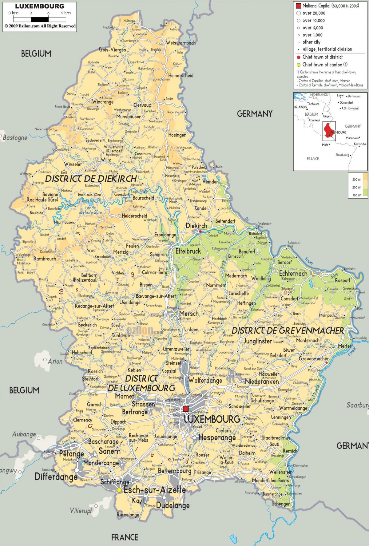 kaart van Luxemburg fisiese